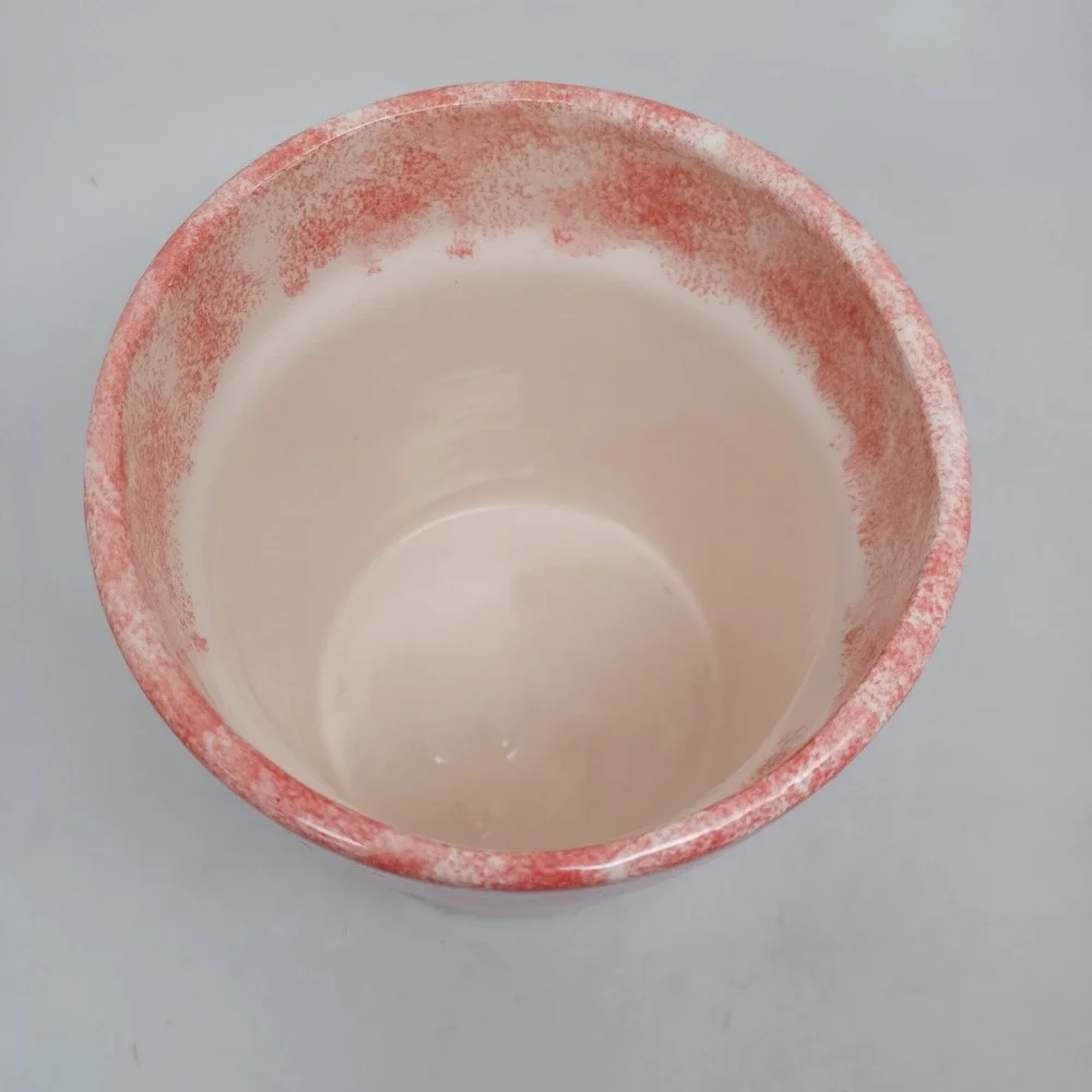 Pink Spongeware Heart Ceramic Planter Utensil Holder White Handmade 5.25in